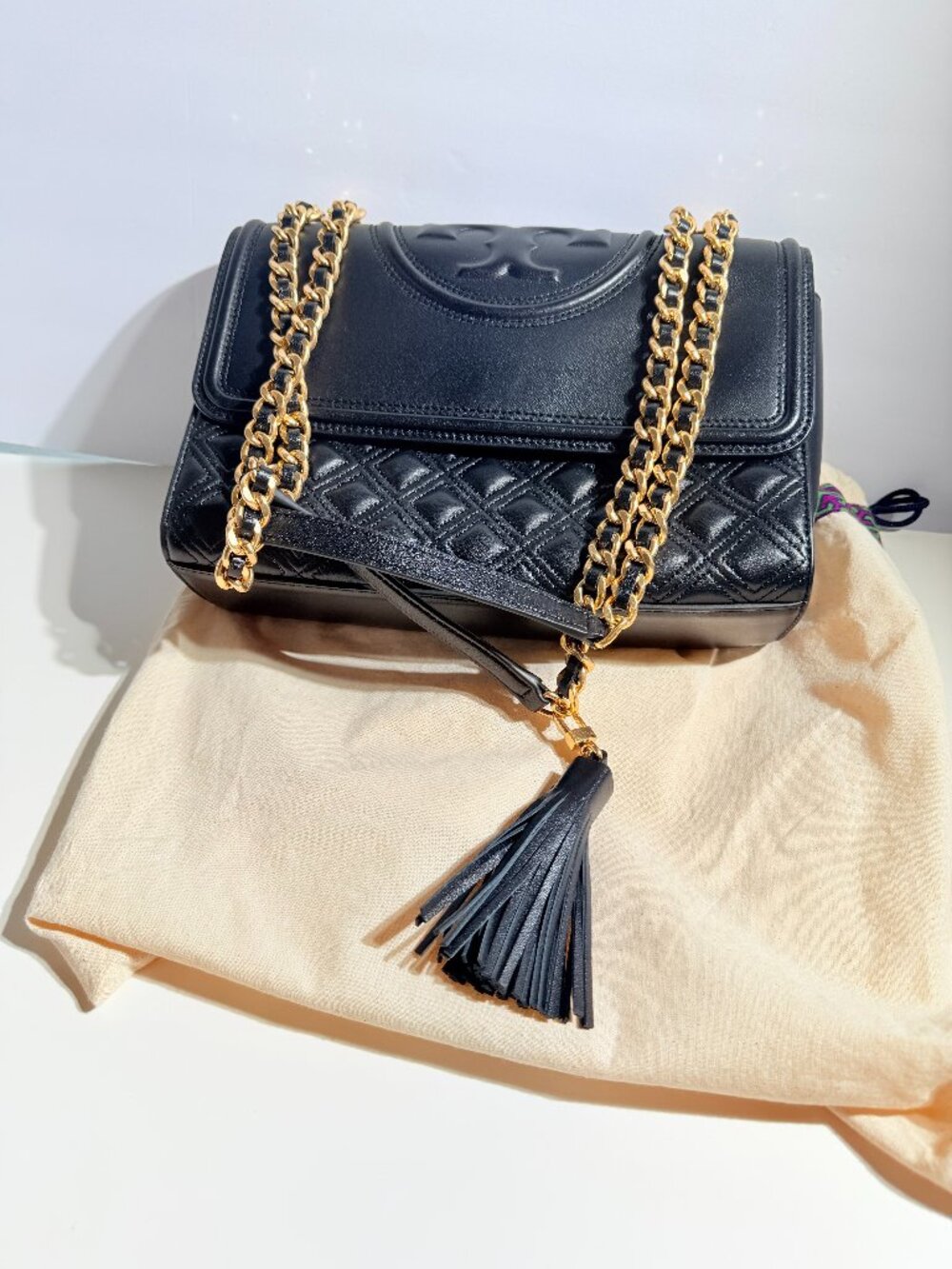 Tory Burch Fleming Black Quilted Leather Convertible Shoulder Bag Tassel